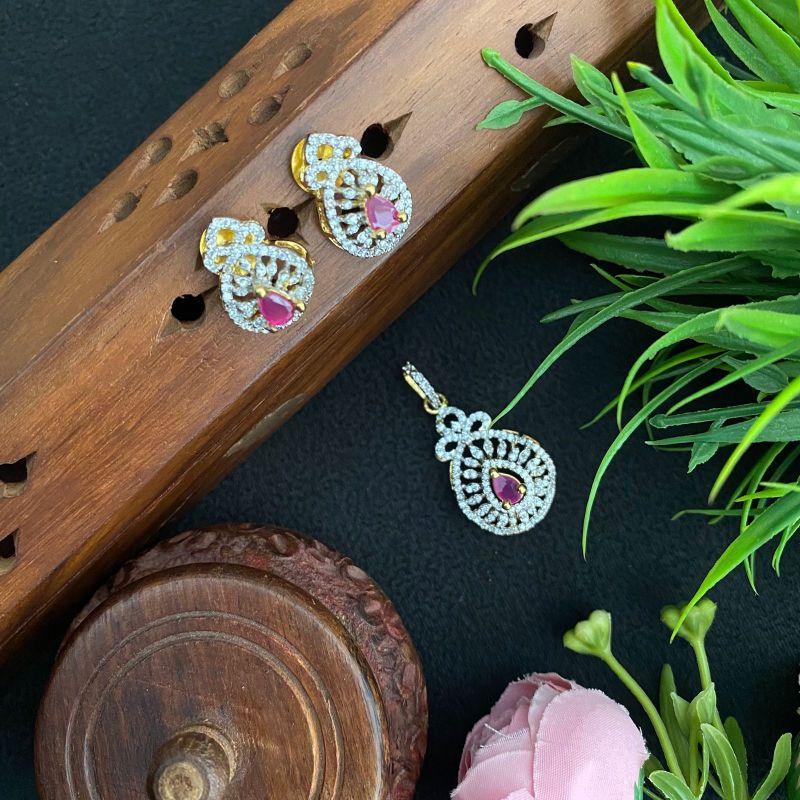 DIAMOND REPLICA RUBBY PENDANT WITH EARRINGS