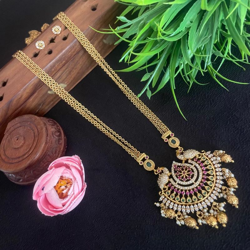GOLD PLATED TRIBLE CHAIN WITH PEACOCK PENDANT